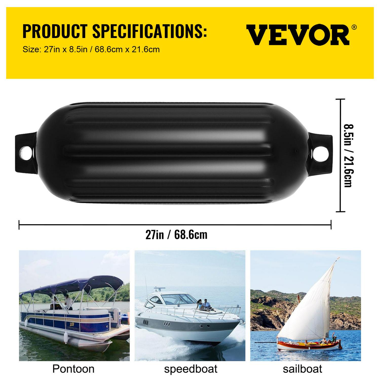 VEVOR Ribbed Twin Eyes Boat Fenders Bumpers Vinyl Boat Fender Pack of 4 and Pump to Inflate (8.5 x 27inches) - Image 8