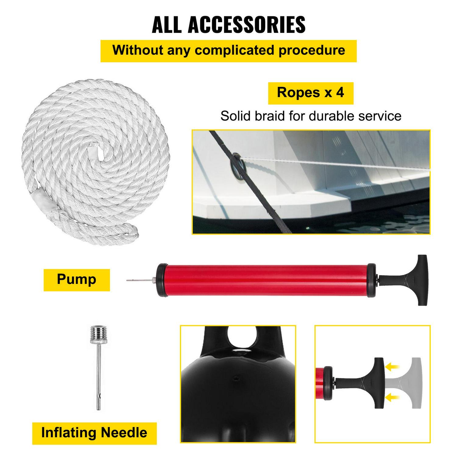 VEVOR Ribbed Twin Eyes Boat Fenders Bumpers Vinyl Boat Fender Pack of 4 and Pump to Inflate (8.5 x 27inches) - Image 6