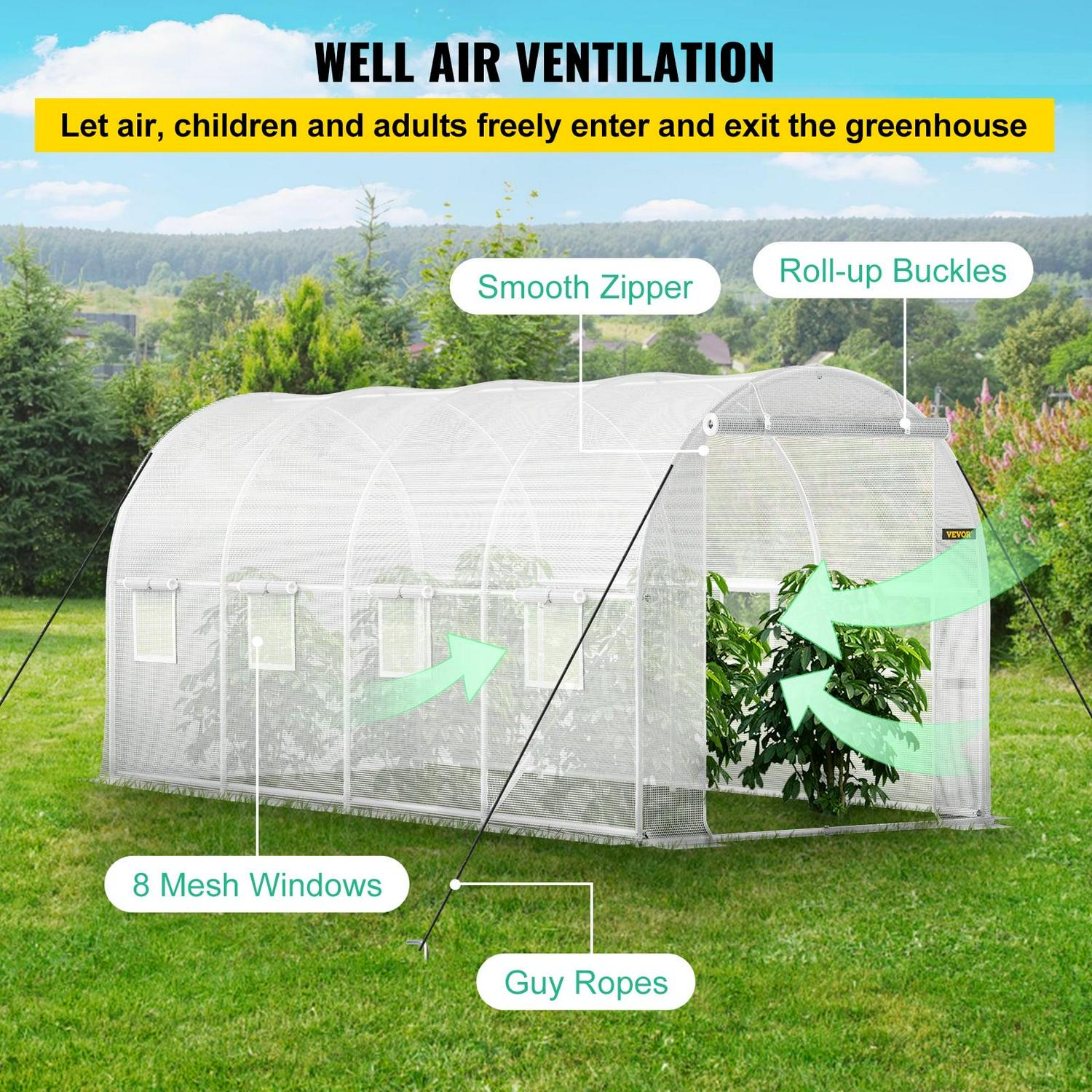 VEVORbrand Walk-in Tunnel Greenhouse, 15 x 7 x 7 ft Portable Plant Hot House w/ Galvanized Steel Hoops, 1 Top Beam, Diagonal Poles, Zippered Door & 8 Roll-up Windows, White - Image 5