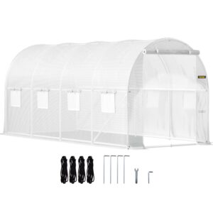 VEVORbrand Walk-in Tunnel Greenhouse, 15 x 7 x 7 ft Portable Plant Hot House w/ Galvanized Steel Hoops, 1 Top Beam, Diagonal Poles, Zippered Door & 8 Roll-up Windows, White