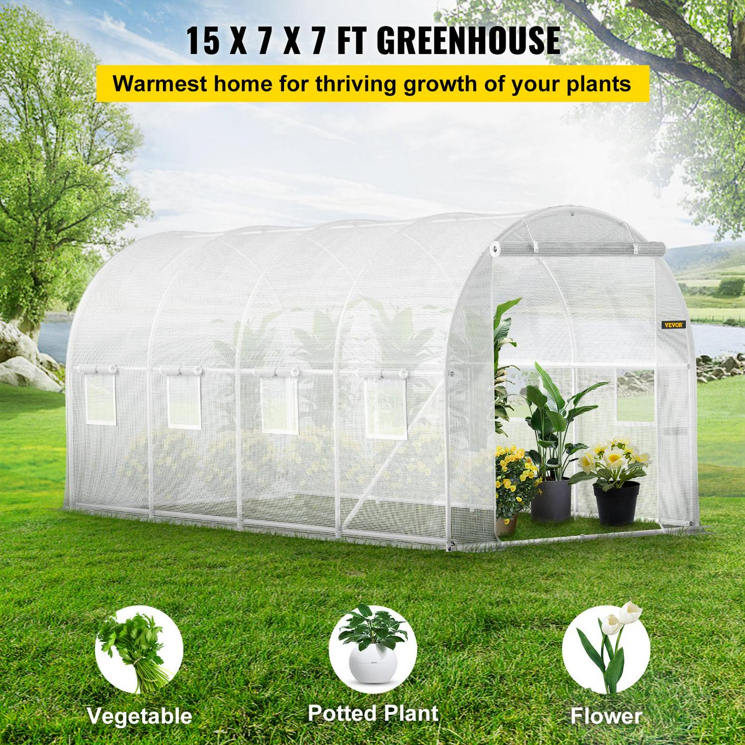 VEVORbrand Walk-in Tunnel Greenhouse, 15 x 7 x 7 ft Portable Plant Hot House w/ Galvanized Steel Hoops, 1 Top Beam, Diagonal Poles, Zippered Door & 8 Roll-up Windows, White - Image 2