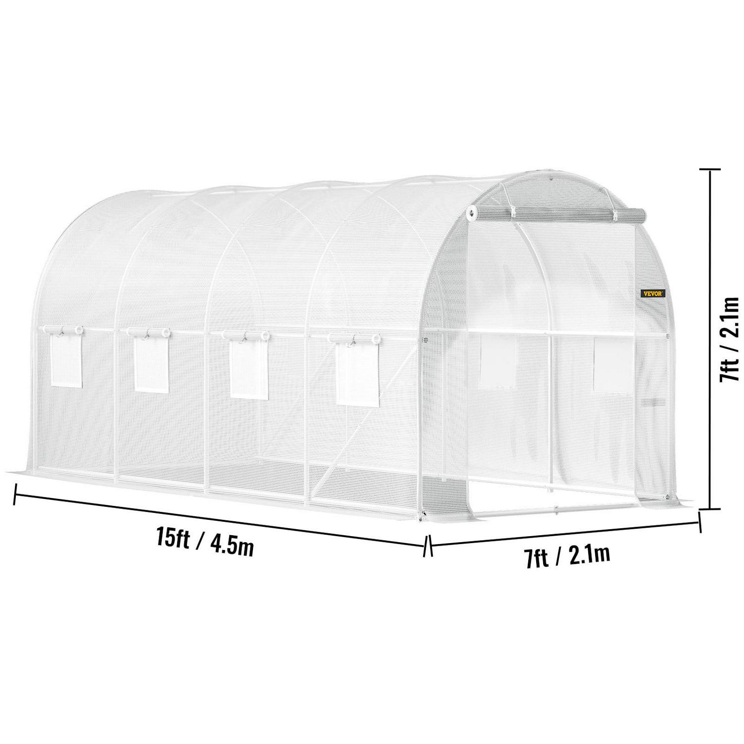 VEVORbrand Walk-in Tunnel Greenhouse, 15 x 7 x 7 ft Portable Plant Hot House w/ Galvanized Steel Hoops, 1 Top Beam, Diagonal Poles, Zippered Door & 8 Roll-up Windows, White - Image 8