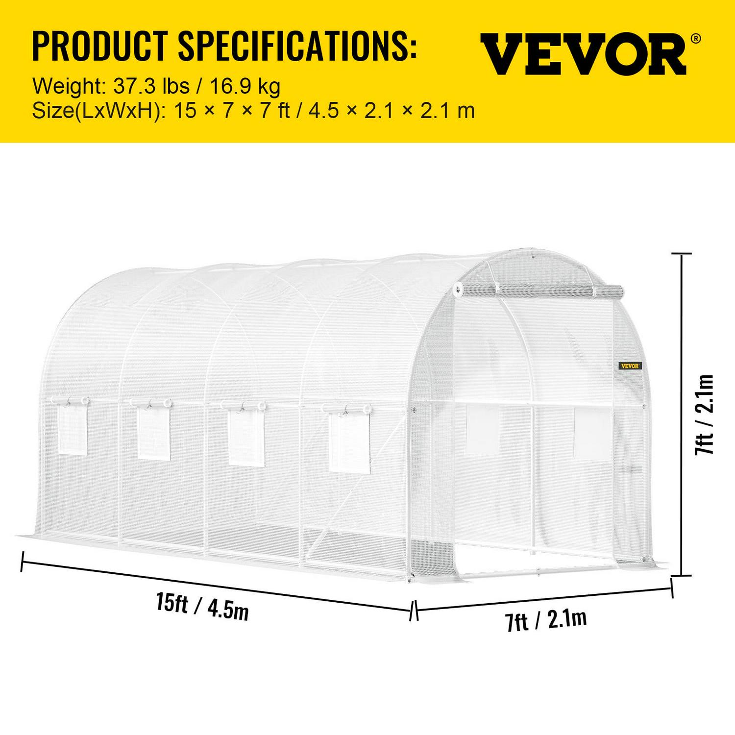 VEVORbrand Walk-in Tunnel Greenhouse, 15 x 7 x 7 ft Portable Plant Hot House w/ Galvanized Steel Hoops, 1 Top Beam, Diagonal Poles, Zippered Door & 8 Roll-up Windows, White - Image 7