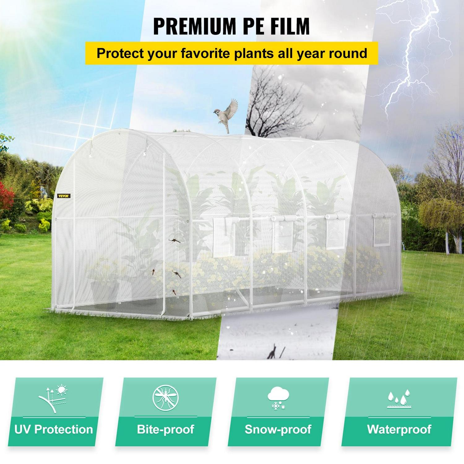 VEVORbrand Walk-in Tunnel Greenhouse, 15 x 7 x 7 ft Portable Plant Hot House w/ Galvanized Steel Hoops, 1 Top Beam, Diagonal Poles, Zippered Door & 8 Roll-up Windows, White - Image 4