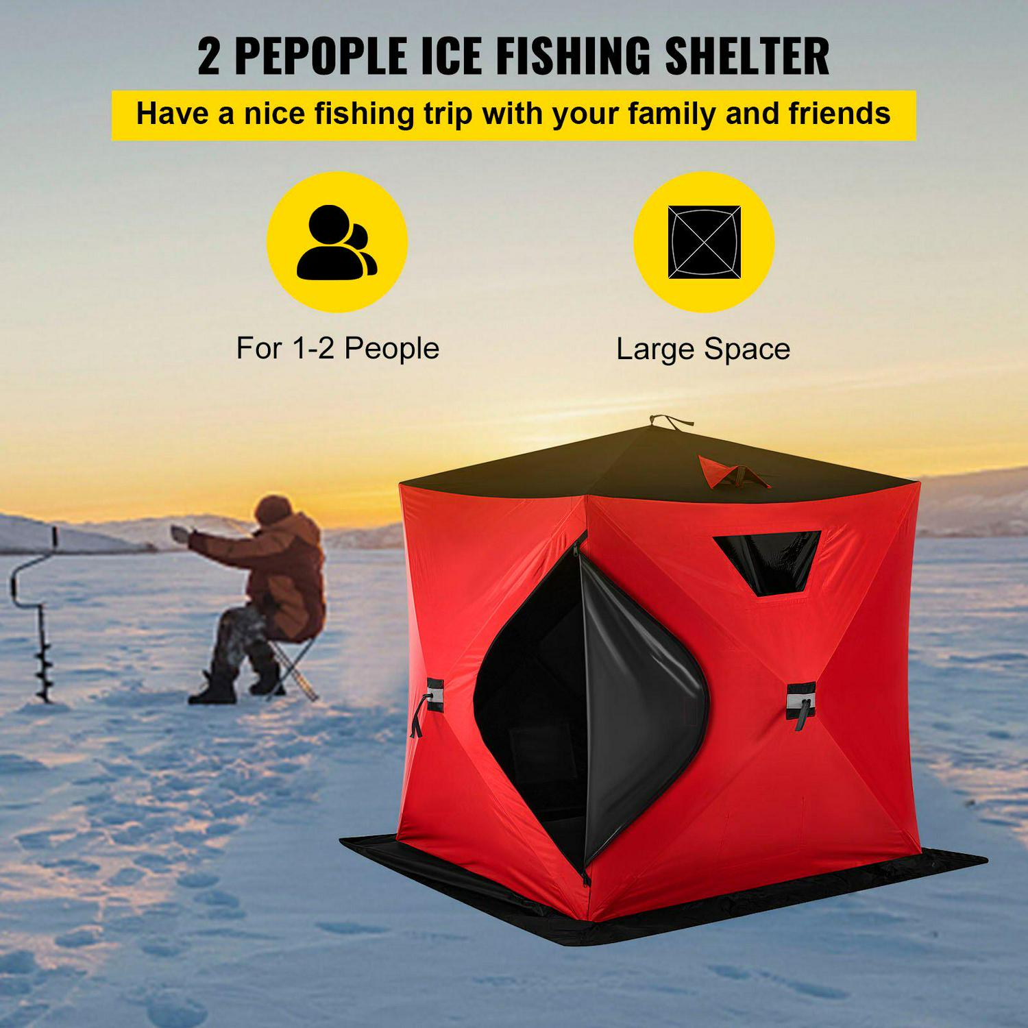 VEVORbrand Waterproof Pop-Up 2-Person Carrying Bag Ice Fishing Shelter with Detachable Ventilation Windows, 300D Oxford Fabric Zippered Door Shanty for Outdoor Fishing, Red - Image 2