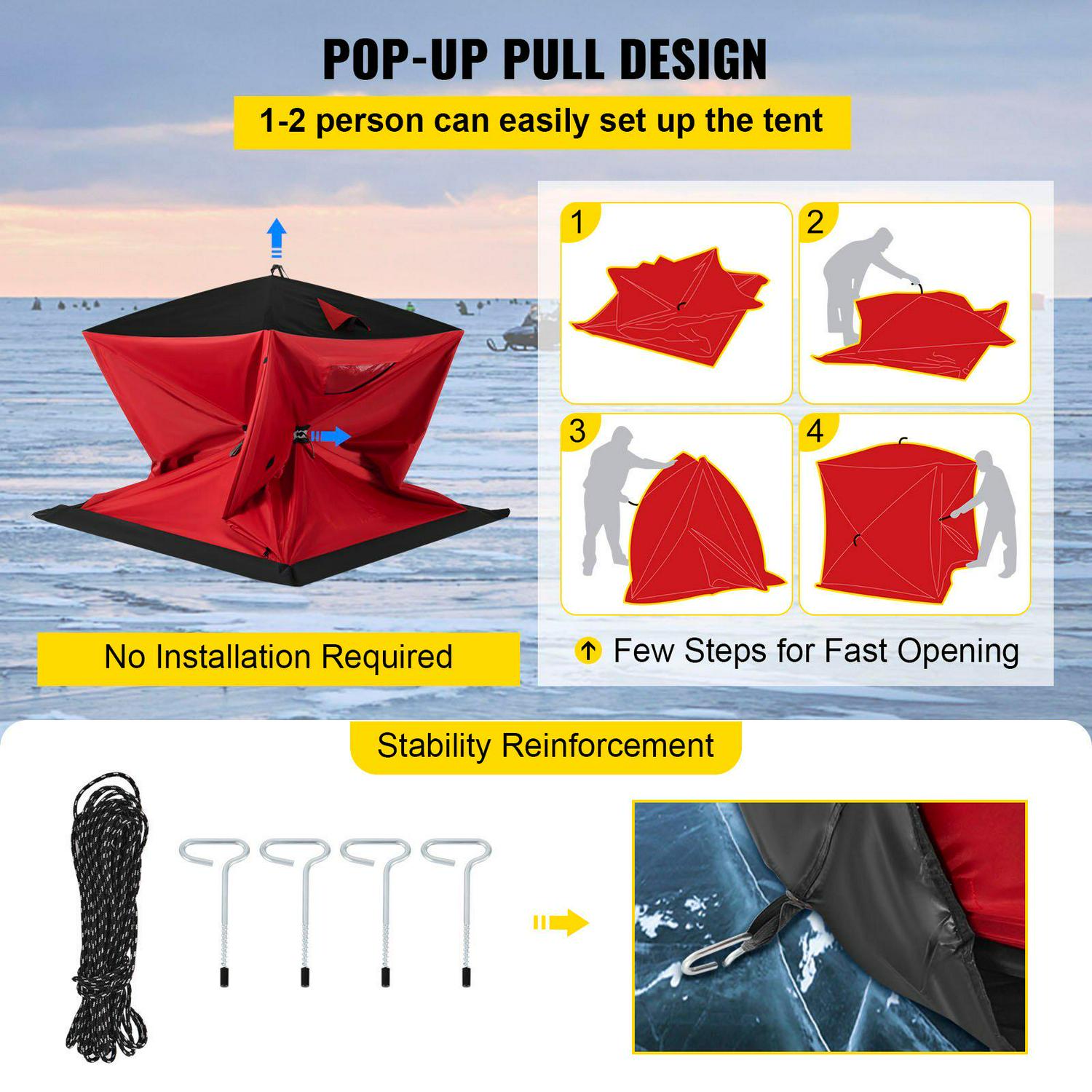 VEVORbrand Waterproof Pop-Up 2-Person Carrying Bag Ice Fishing Shelter with Detachable Ventilation Windows, 300D Oxford Fabric Zippered Door Shanty for Outdoor Fishing, Red - Image 4