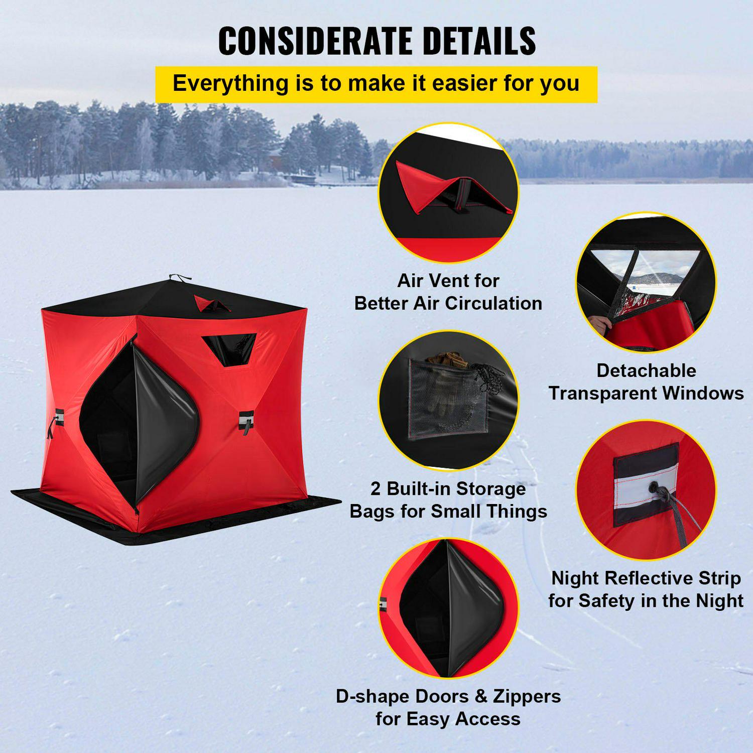 VEVORbrand Waterproof Pop-Up 2-Person Carrying Bag Ice Fishing Shelter with Detachable Ventilation Windows, 300D Oxford Fabric Zippered Door Shanty for Outdoor Fishing, Red - Image 6