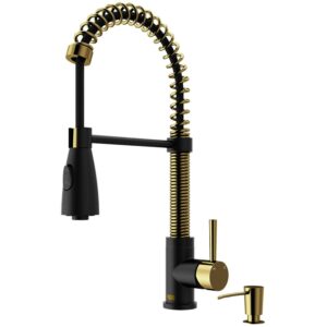 VIGO Brant Pull-Down Spray Kitchen Faucet In Matte Brushed Gold/Matte Black with Soap Dispenser