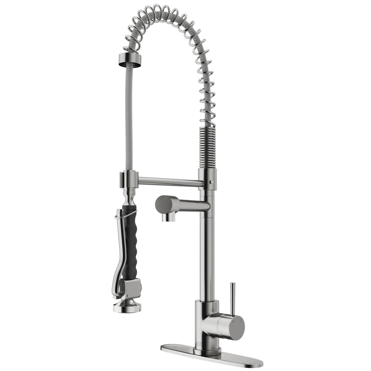 VIGO Zurich Single Handle Pull-Down Sprayer Kitchen Faucet Set with Deck Plate in Stainless Steel