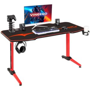 VINEEGO 55 inch Large Surface T-Shaped Legs Gaming Desk with Free Mouse Pad, Gaming Handle Rack, Cup Holder & Headphone Hook