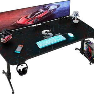 VINEEGO 63 Inches Y-Shaped Legs Adjustable Height Computer Gaming Desk Carbon Fiber Surface Gaming Desk With Cup Holder & Headphone Hook(Black)