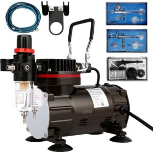 VIVOHOME 110-120V Professional Airbrushing Paint System with 1/5 HP Air Compressor and 3 Airbrush Kits for Tattoo Makeup Shoes Cake Decoration Black