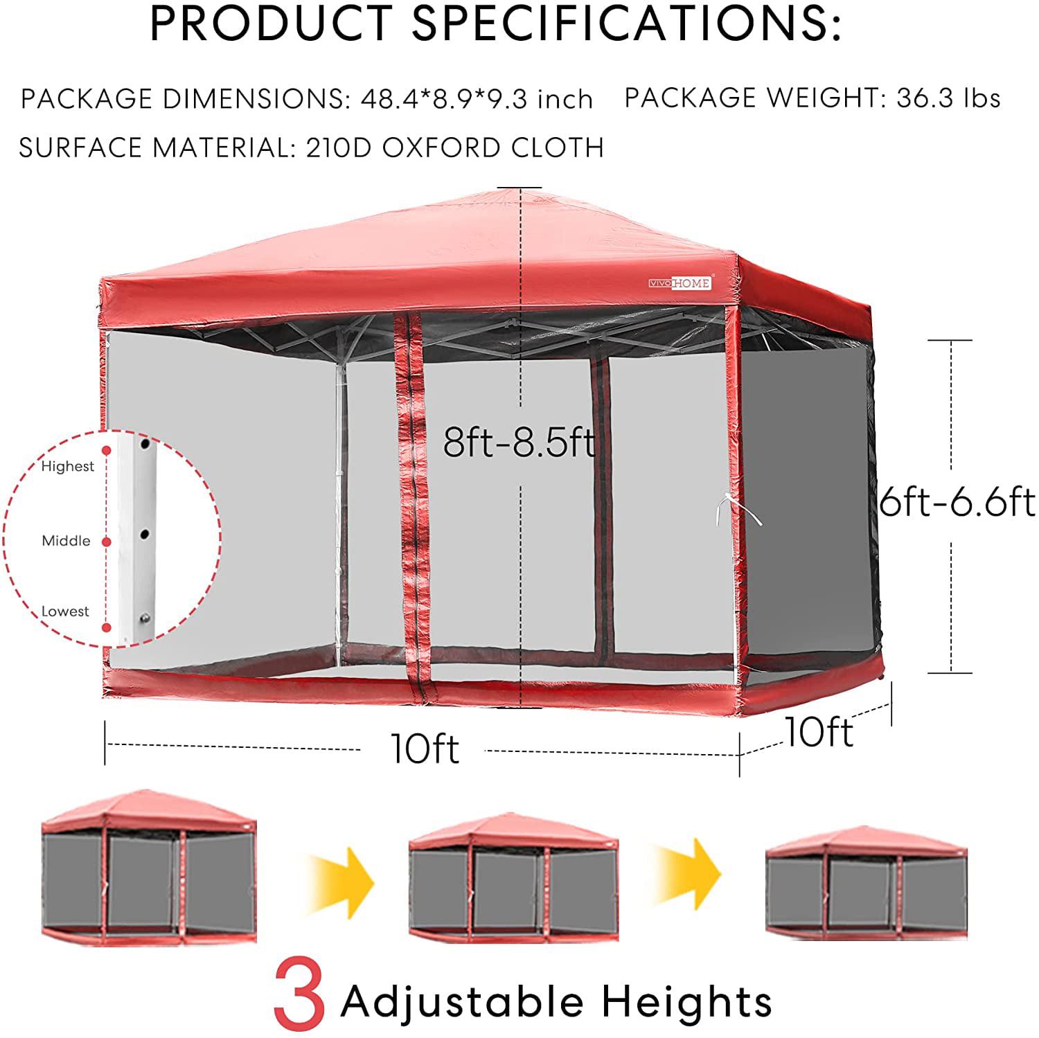 VIVOHOME 210D Oxford Outdoor Easy Pop Up Canopy Screen Party Tent with Mesh Side Walls Red 10 x 10 Feet - Image 7