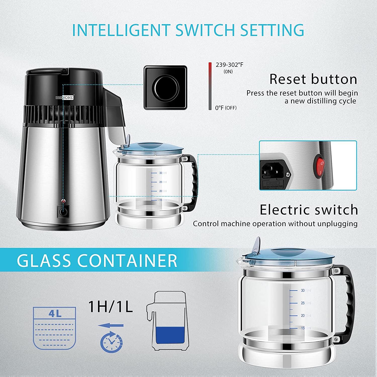 VIVOHOME Water Distiller Countertop 1.1 Gallon/4L 304 Stainless Steel Distilled Water Machine with Smart Switch Purifier Filter for Home Office - Image 4