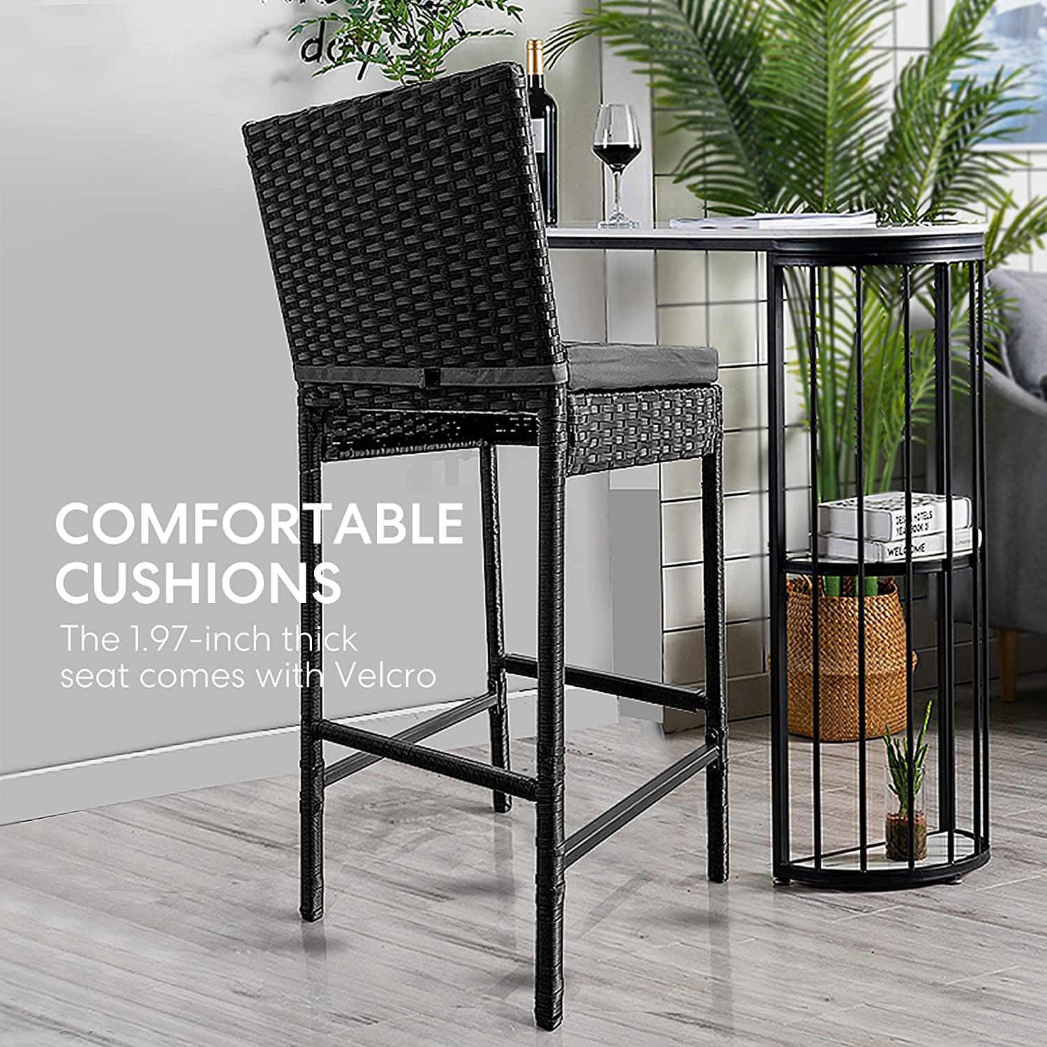 VIVOHOME 2 Packs Outdoor Wicker Barstool Patio Rattan Furniture with Cushions Black - Image 6
