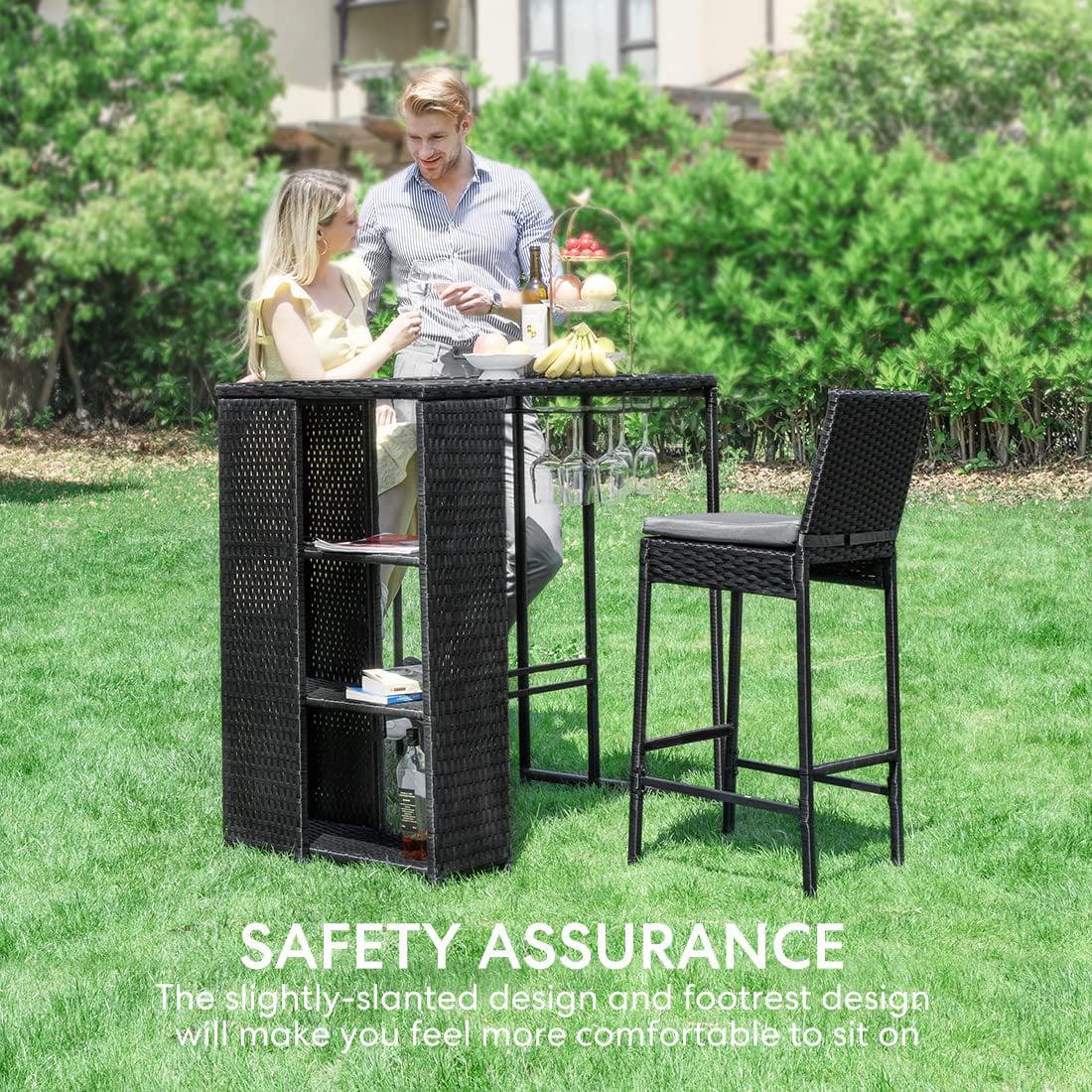 VIVOHOME 2 Packs Outdoor Wicker Barstool Patio Rattan Furniture with Cushions Black - Image 3