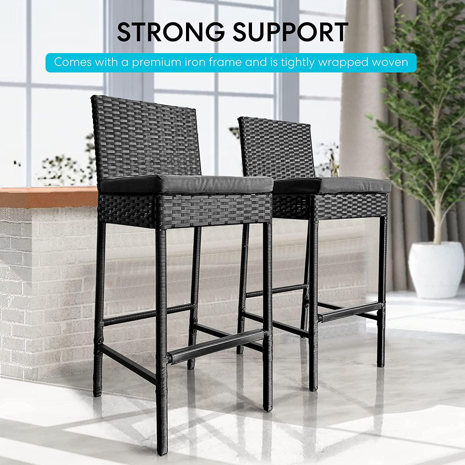 VIVOHOME 2 Packs Outdoor Wicker Barstool Patio Rattan Furniture with Cushions Black - Image 2
