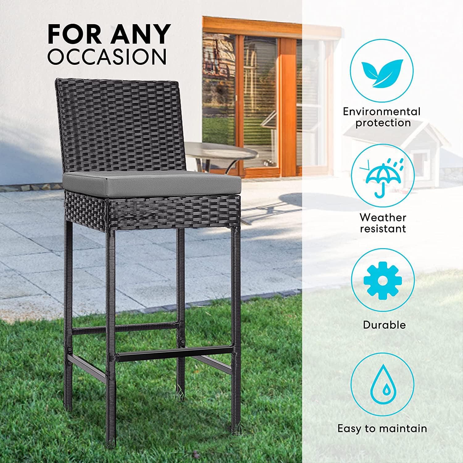 VIVOHOME 2 Packs Outdoor Wicker Barstool Patio Rattan Furniture with Cushions Black - Image 4