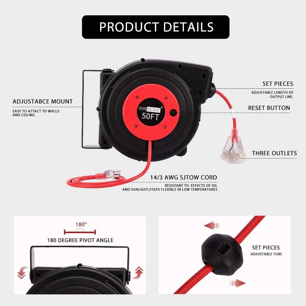 VIVOHOME Retractable Extension Cord Reel, Heavy Duty 50 ft 14AWG/3C SJTOW Power Cord, UL Certified - Image 3