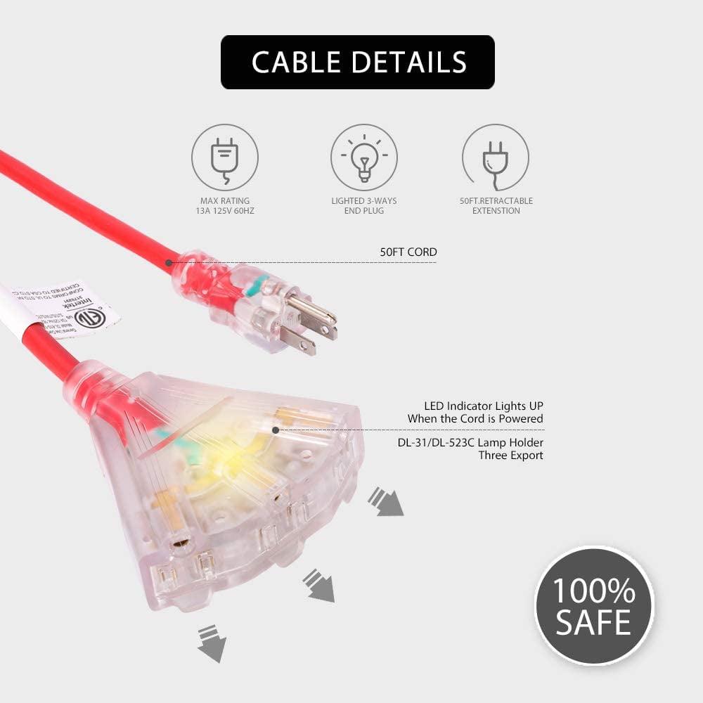 VIVOHOME Retractable Extension Cord Reel, Heavy Duty 50 ft 14AWG/3C SJTOW Power Cord, UL Certified - Image 5