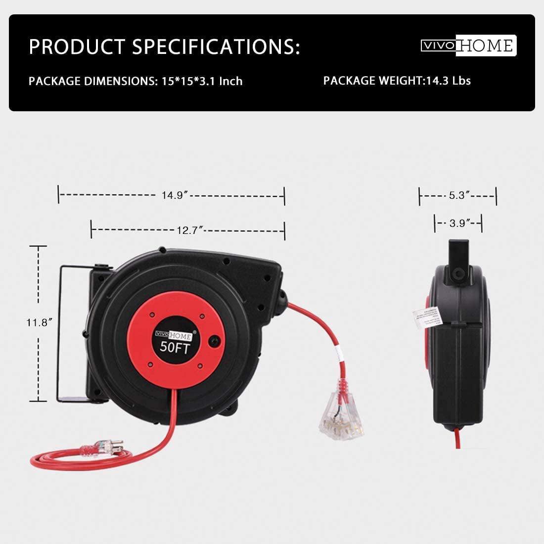 VIVOHOME Retractable Extension Cord Reel, Heavy Duty 50 ft 14AWG/3C SJTOW Power Cord, UL Certified - Image 6