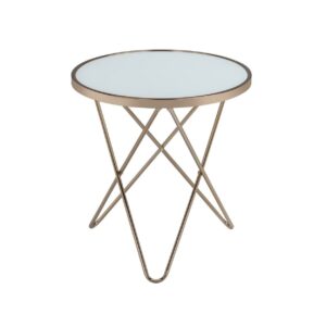 ACME Valora Round Glass Top End Table in White Glass and Gold