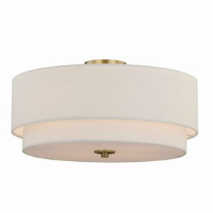 Burnaby 20.5-in W Brass Mid-Century Modern Drum Semi Flush Mount Ceiling Light White Linen