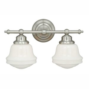 Huntley 2 Light Satin Nickel Farmhouse Schoolhouse Bathroom Vanity Fixture