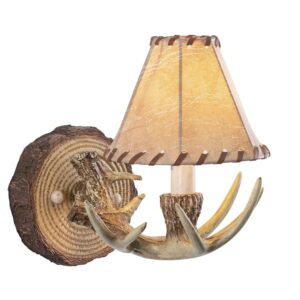Lodge 1 Light Rustic Wood Antler Armed Wall Sconce Faux Leather Shade