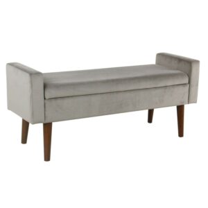 Saltoro Sherpi Velvet Upholstered Wooden Bench with Lift Top Storage and Tapered Feet, Gray