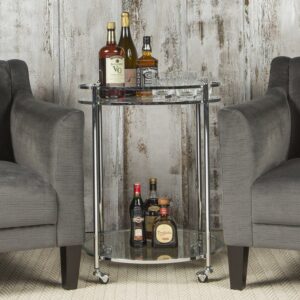 Veranda 2-Tier Modern Mobile Metal Frame Tempered Glass Round Bar/Serving Cart for Kitchen Dining or Living Room