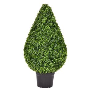 Vickerman 36" Artificial Boxwood Teardrop Shaped Bush, Black Plastic Pot.