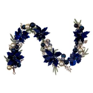 Vickerman 6' Midnight Blue Magnolia and Poinsettia Leaf Garland