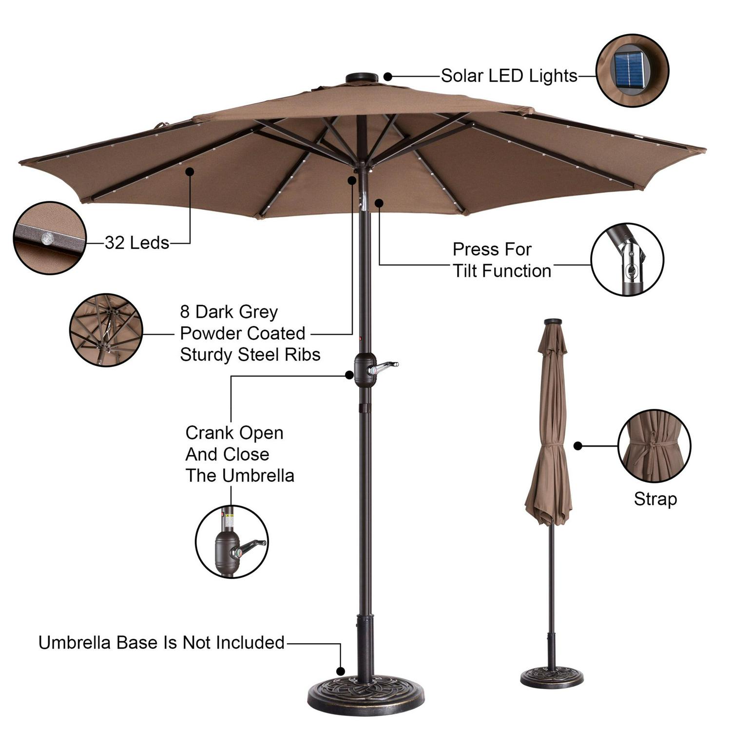 Villacera 9FT Outdoor Patio Umbrella with Solar Lights and Tilt, Brown - Image 3