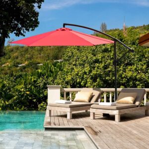Vineego 10 FT Offset Cantilever Umbrellas with Tilt Adjutable Hanging Outdoor Market Patio Umbrella,Red