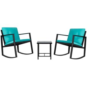 Vineego Outdoor Bistro Set 3-Piece Rocking Wicker Chairs with Cushions and Glass Coffee Table, Blue