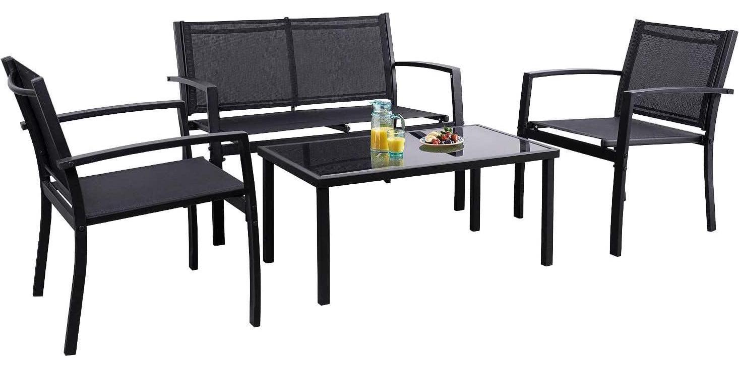 Vineego 4 Pieces Patio Furniture Outdoor furniture Outdoor Patio Furniture Set Textilene Bistro Set Modern Conversation Set Black Bistro Set with Loveseat Tea Table for Home, Lawn and Balcony (Black) - Image 6