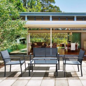 Vineego 4 Pieces Patio Furniture Outdoor furniture Outdoor Patio Furniture Set Textilene Bistro Set Modern Conversation Set Black Bistro Set with Loveseat Tea Table for Home, Lawn and Balcony (Black)