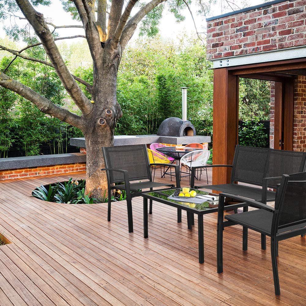 Vineego 4 Pieces Patio Furniture Outdoor furniture Outdoor Patio Furniture Set Textilene Bistro Set Modern Conversation Set Black Bistro Set with Loveseat Tea Table for Home, Lawn and Balcony (Black) - Image 3
