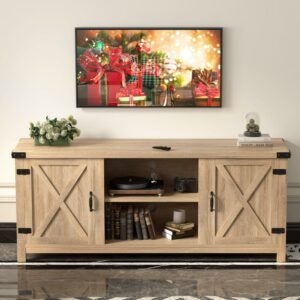 Vineego Farmhouse Tv Stand 58” Rustic Barn Two-Door Tv Stand for TVs up to 65",Oak