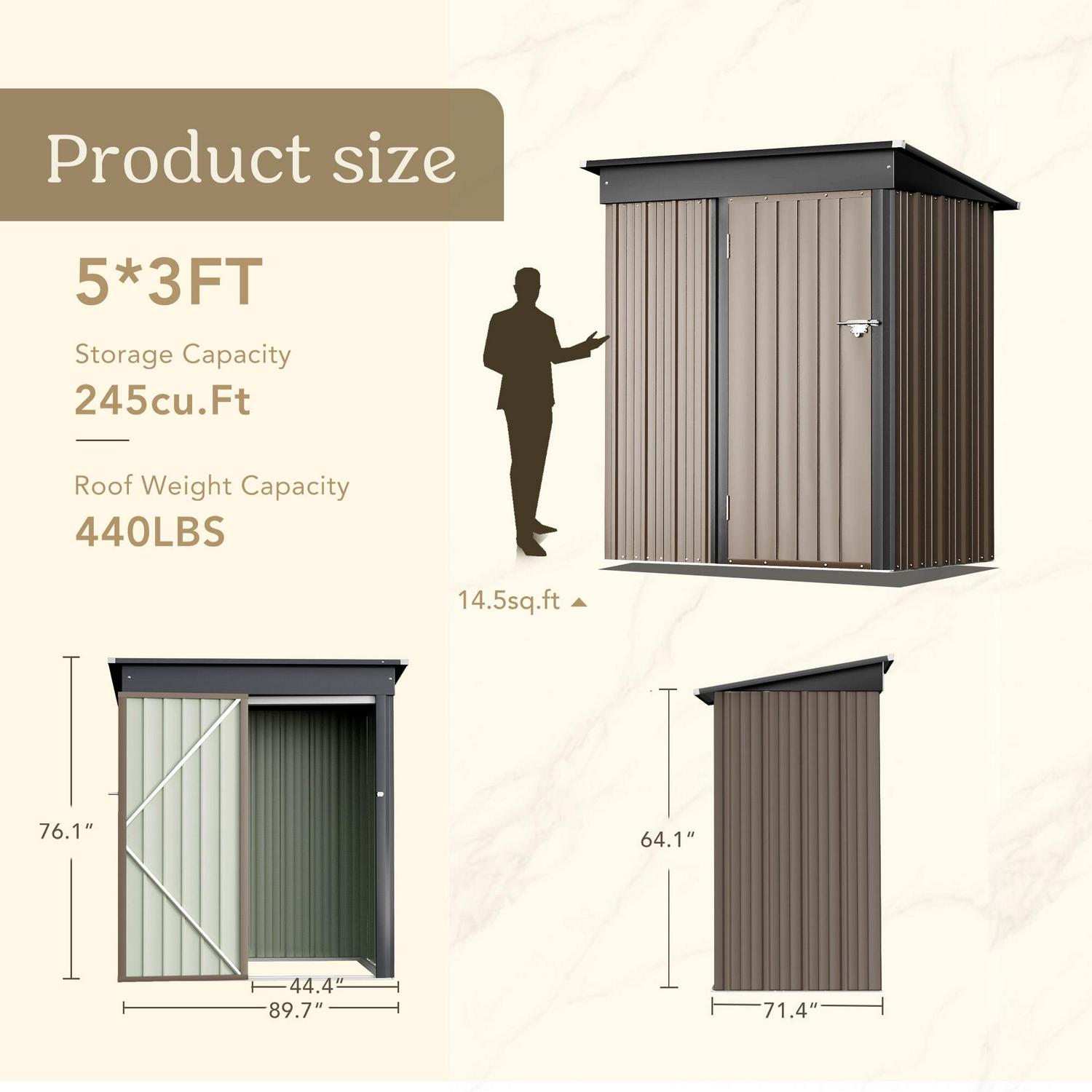 Vineego Metal Outdoor Storage Shed 5FT x 3FT, Steel Utility Tool Shed Storage House with Door & Lock, for Backyard Outdoor Patio,Brown - Image 6