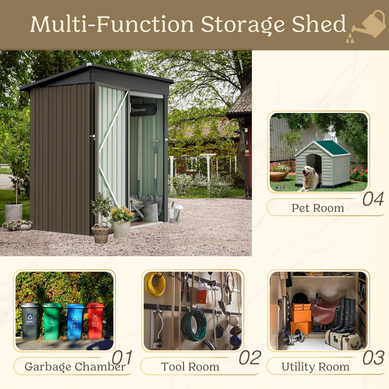 Vineego Metal Outdoor Storage Shed 5FT x 3FT, Steel Utility Tool Shed Storage House with Door & Lock, for Backyard Outdoor Patio,Brown - Image 4