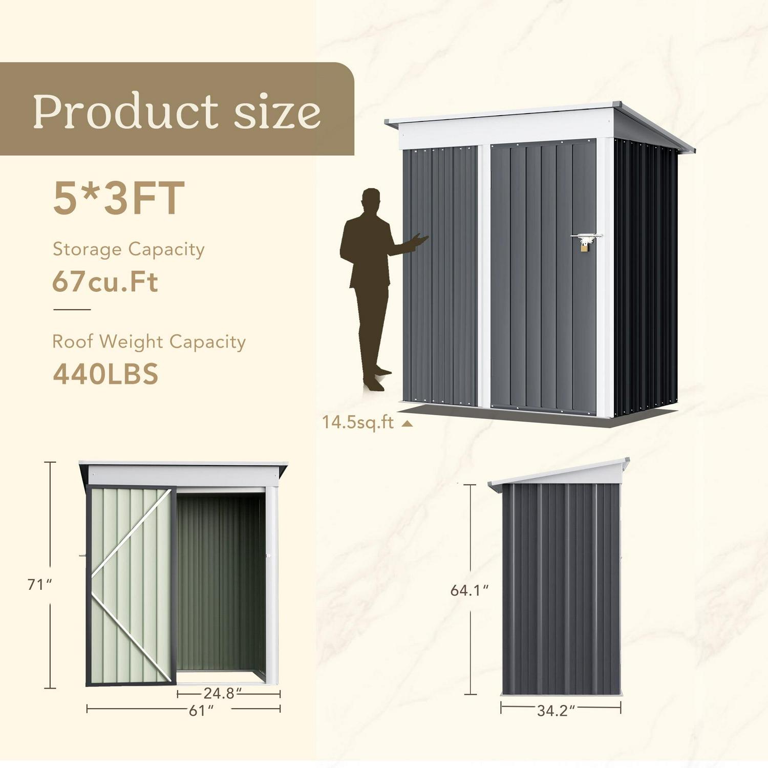 Vineego Metal Outdoor Storage Shed with Door & Lock, 5' x 3', Gray - Image 6