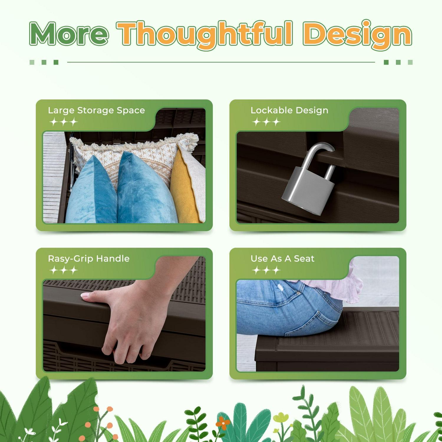 Vineego Outdoor All-Weather 105 Gallon Resin Deck Box, Brown - Image 4