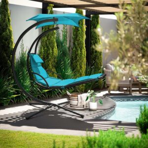 Vineego Outdoor Curved Hanging Chaise Lounge Chair Floating Chaise Lounger Patio Swinging Hammock w/Pillow, Removable Canopy & Steel, Blue