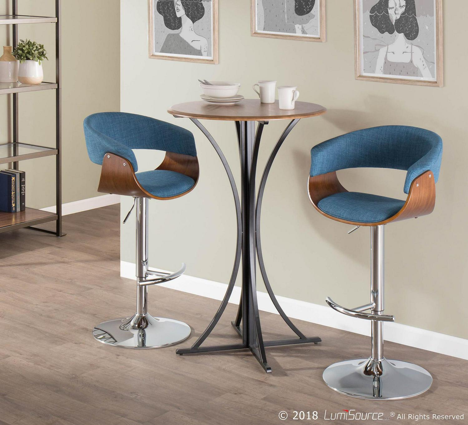 Vintage Mod Mid-Century Modern Adjustable Barstool with Swivel in Walnut and Blue Fabric by LumiSource - Image 8