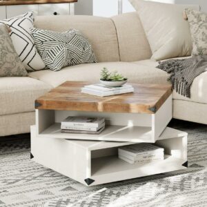 42" Large Grey Modern Farmhouse Coffee Table with 2 Drawers and Open Storage Shelf for Living Room.