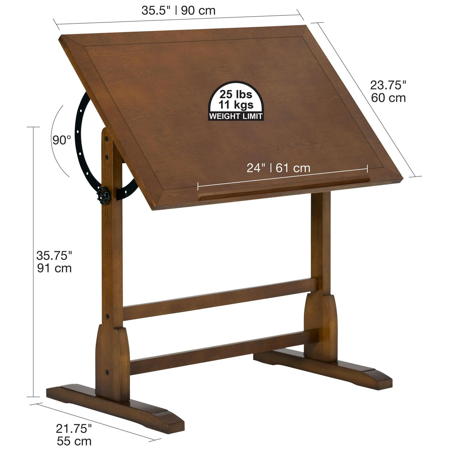 Studio Designs Vintage Drafting Drawing Table with Adjustable 36" Wide Top, Rustic Oak - Image 6