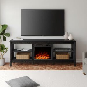 WAMPAT Farmhouse Fireplace TV Stand for 75 inch TV with 4 Storages, Wood Entertainment Center with Electric Fireplace, 70 inch, Black