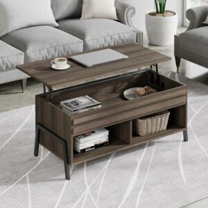 WAMPAT Mid-Century Lift Top Coffee Table for Living Room, Rising Tabletop with Storage Compartment, Brown